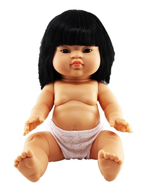 poupée fille en vinyl de 34cm typée asitique avec cheveux noirs